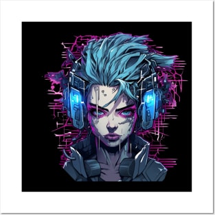 Cyberpunk Girl Tokyo Anime Glitch Phonk Headset Posters and Art